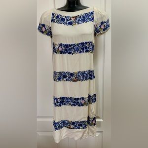 French Connection Sz 6 Ivory Dress Embroidered Botanical Blue Purple Pattern